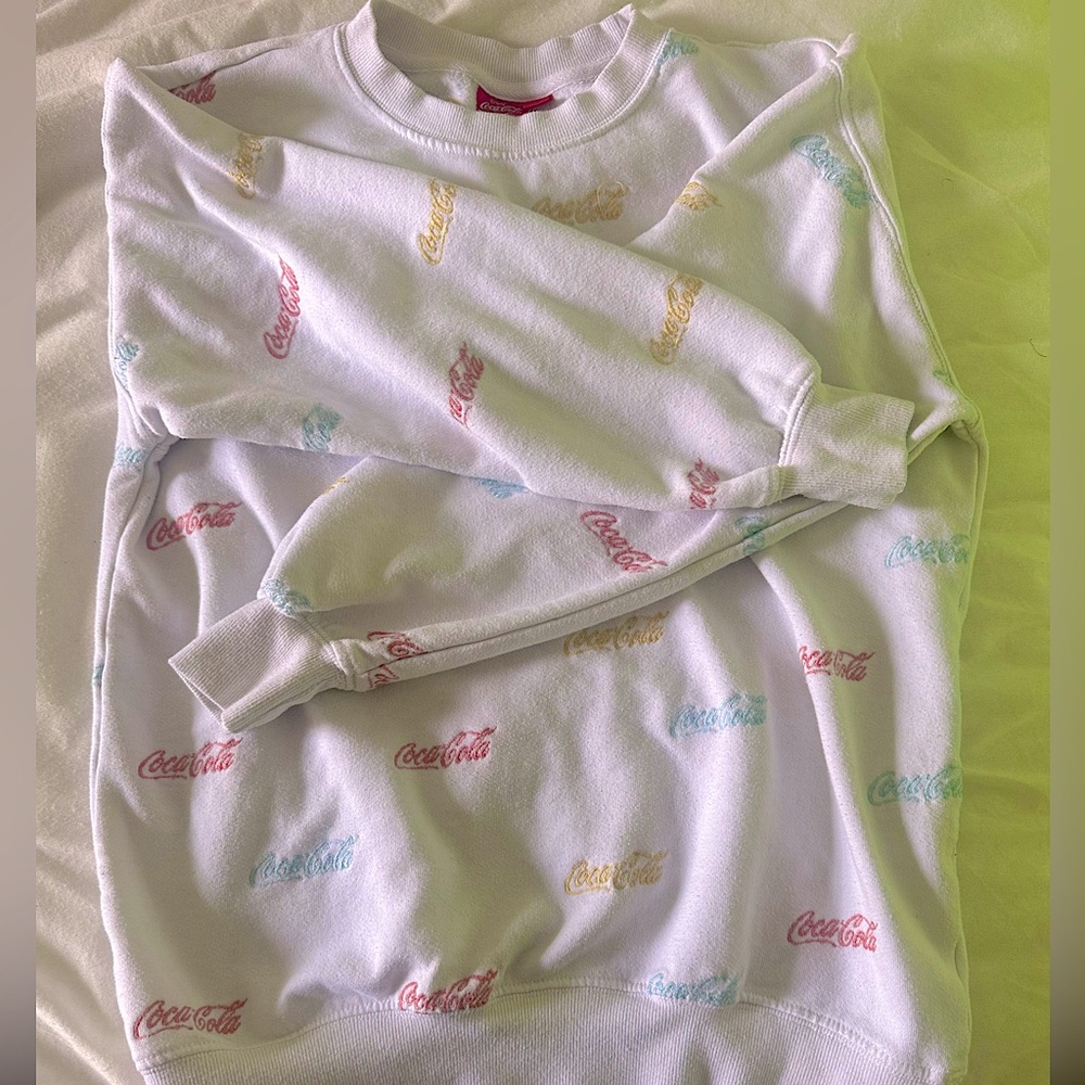 White Multi colored CocaCola Embroidered Crew Neck